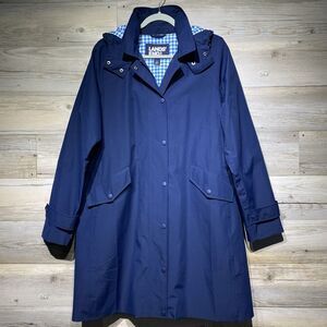 Lands End Long Hooded Jacket Women’s Large Lightweight Trench Lined Navy Blue